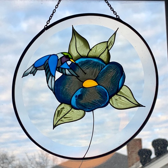 Blue Flower Hummingbird Stained Glass Sun Catcher - Picture 6 of 9